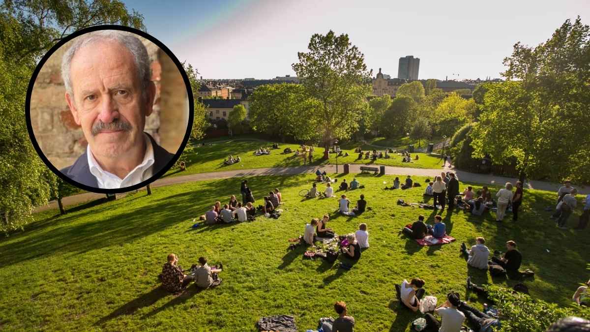 Personas en un parque urbano y retrato de un psiquiatra, ilustrando la regla 3-30-300 y su impacto en la salud mental.