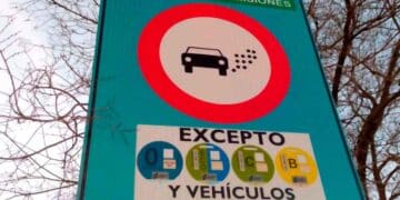 Señal de la ZBE de Madrid que prohíbe a los coches sin etiqueta; solo distintivos 0, ECO, C y B están autorizados