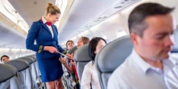 tripulante de cabina atendiendo a pasajeros en el pasillo de un avión, ejemplo del trabajo y sueldo de un TCP en España 2025.