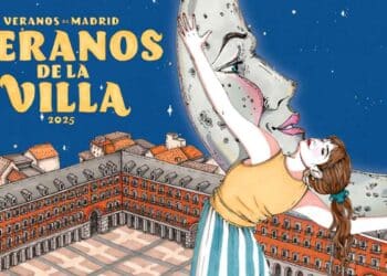 cartel oficial veranos de la villa 2025 madrid – ilustración de mujer abrazando la luna sobre la plaza mayor.