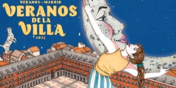 cartel oficial veranos de la villa 2025 madrid – ilustración de mujer abrazando la luna sobre la plaza mayor.