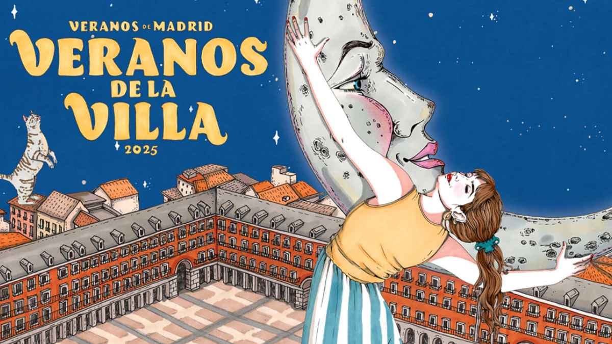 cartel oficial veranos de la villa 2025 madrid – ilustración de mujer abrazando la luna sobre la plaza mayor.