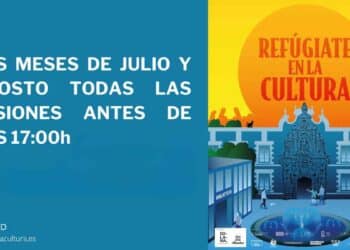 Cartel “Refúgiate en la Cultura” del Ayuntamiento de Madrid; sesiones culturales gratuitas de julio y agosto antes de las 17:00 horas.
