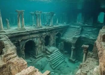 Restos sumergidos de una antigua ciudad con columnas y escaleras, posible hallazgo de la Atlántida cerca de Cádiz.