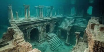 Restos sumergidos de una antigua ciudad con columnas y escaleras, posible hallazgo de la Atlántida cerca de Cádiz.