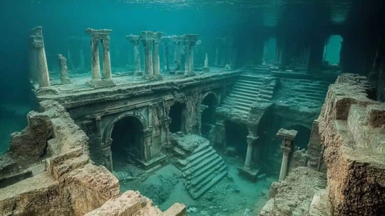 Restos sumergidos de una antigua ciudad con columnas y escaleras, posible hallazgo de la Atlántida cerca de Cádiz.