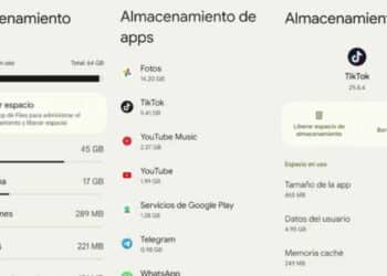 Pantalla de Almacenamiento en Android 16 con listado de apps y botón “Borrar caché” de TikTok para liberar espacio y acelerar el móvil.