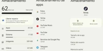 Pantalla de Almacenamiento en Android 16 con listado de apps y botón “Borrar caché” de TikTok para liberar espacio y acelerar el móvil.