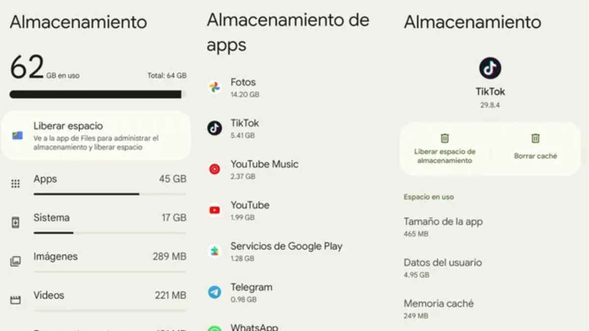 Pantalla de Almacenamiento en Android 16 con listado de apps y botón “Borrar caché” de TikTok para liberar espacio y acelerar el móvil.