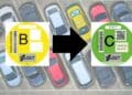 Etiquetas medioambientales DGT B y C con flecha de cambio, ayudas Cambia 360 para cambiar de coche en Madrid junio 2025