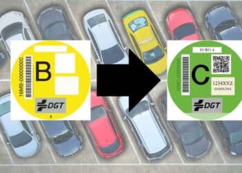 Etiquetas medioambientales DGT B y C con flecha de cambio, ayudas Cambia 360 para cambiar de coche en Madrid junio 2025