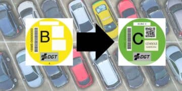 Etiquetas medioambientales DGT B y C con flecha de cambio, ayudas Cambia 360 para cambiar de coche en Madrid junio 2025