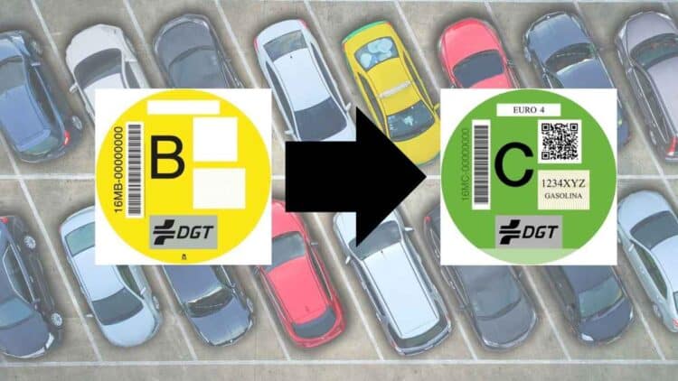 Etiquetas medioambientales DGT B y C con flecha de cambio, ayudas Cambia 360 para cambiar de coche en Madrid junio 2025