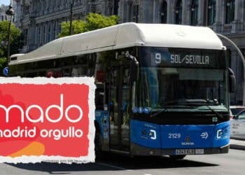 Autobús EMT línea 9 Sol-Sevilla en Cibeles durante los refuerzos de transporte por el Orgullo MADO Madrid 2025.