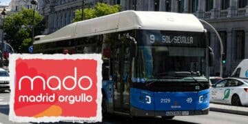 Autobús EMT línea 9 Sol-Sevilla en Cibeles durante los refuerzos de transporte por el Orgullo MADO Madrid 2025.