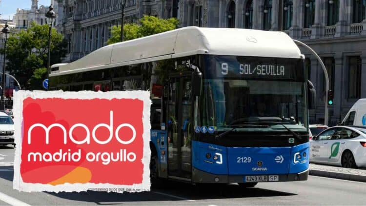 Autobús EMT línea 9 Sol-Sevilla en Cibeles durante los refuerzos de transporte por el Orgullo MADO Madrid 2025.