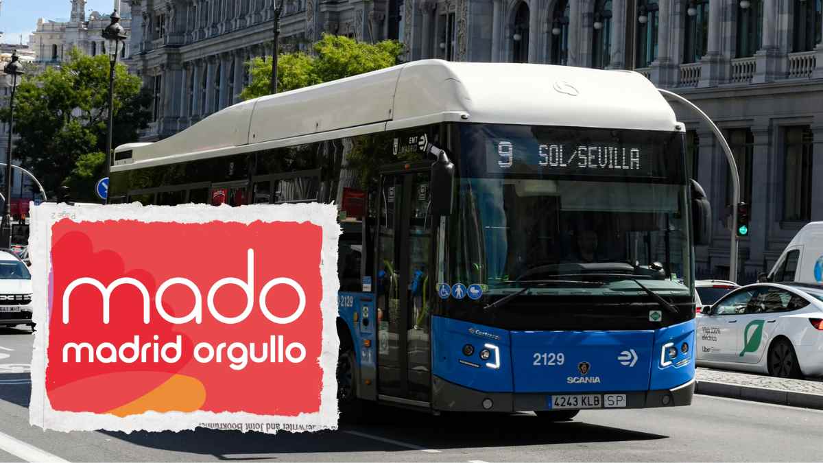 Autobús EMT línea 9 Sol-Sevilla en Cibeles durante los refuerzos de transporte por el Orgullo MADO Madrid 2025.