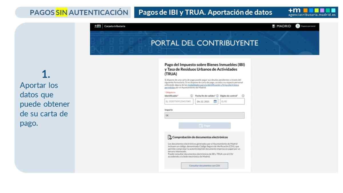 Pantalla paso 1 carpeta tributaria Madrid pago ibi trua sin autenticación