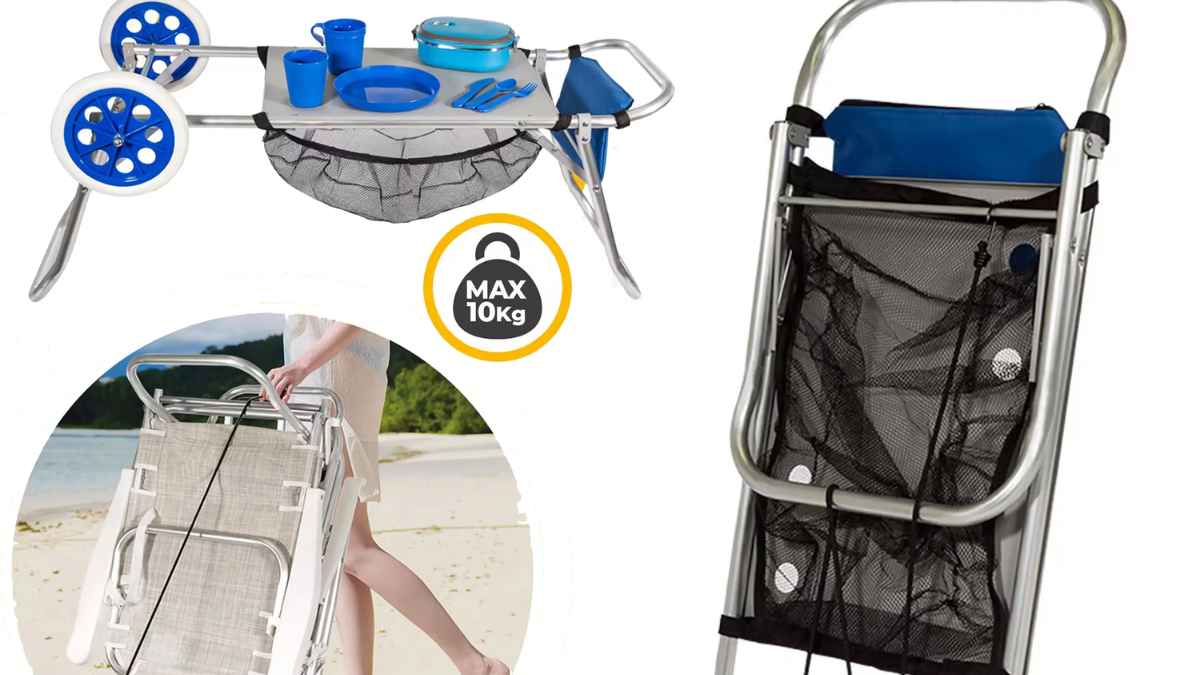 Carro de playa multiusos plegable que se convierte en mesa, disponible en Amazon