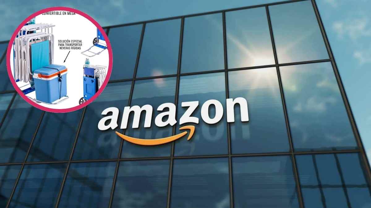 Carro plegable de Amazon que transporta nevera, sillas y sombrilla y se convierte en mesa de playa.