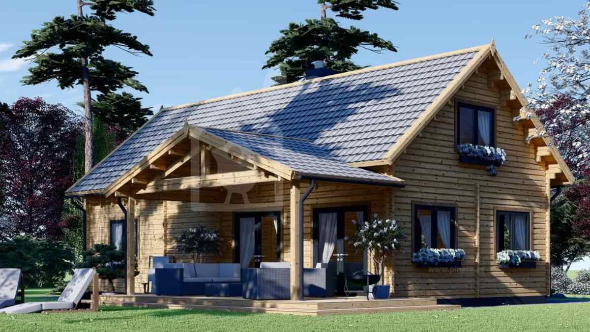 Casa prefabricada de madera modelo VERA con porche, terraza de 14 m² y cinco habitaciones.