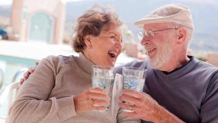 Pareja de jubilados brinda tras cobrar el paro en edad de jubilación según requisito único del SEPE.