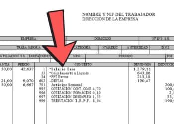 Ejemplo de nómina con flecha señalando el salario base y complementos.