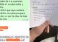 Captura de WhatsApp y parte médico que evidencian despido de camarera durante baja por otitis en periodo de prueba.