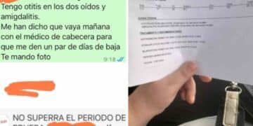 Captura de WhatsApp y parte médico que evidencian despido de camarera durante baja por otitis en periodo de prueba.