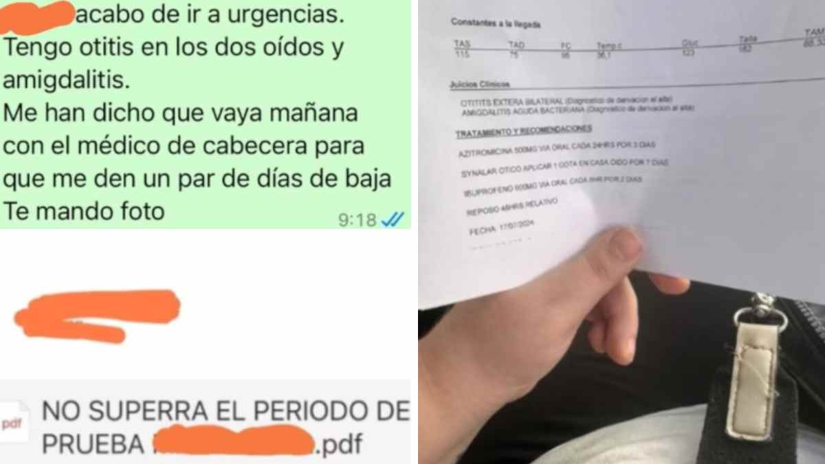 Captura de WhatsApp y parte médico que evidencian despido de camarera durante baja por otitis en periodo de prueba.