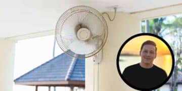 ventilador de pared con retrato de un experto; truco viral para dormir fresco sin aire acondicionado en verano.