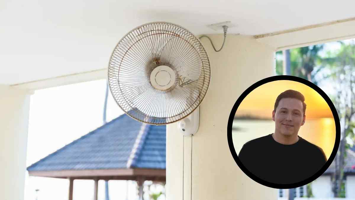 ventilador de pared con retrato de un experto; truco viral para dormir fresco sin aire acondicionado en verano.