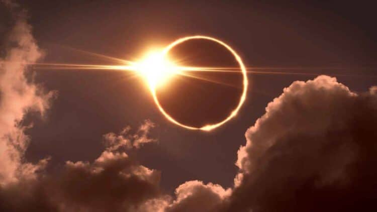 Eclipse solar total 12 agosto 2026 sobre España, imagen del fenómeno astronómico con anillo de fuego alrededor del Sol.