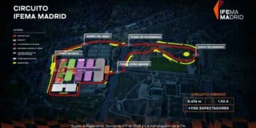 Mapa del circuito híbrido desmontable de F1 en IFEMA Madrid y Valdebebas para el GP de España 2026