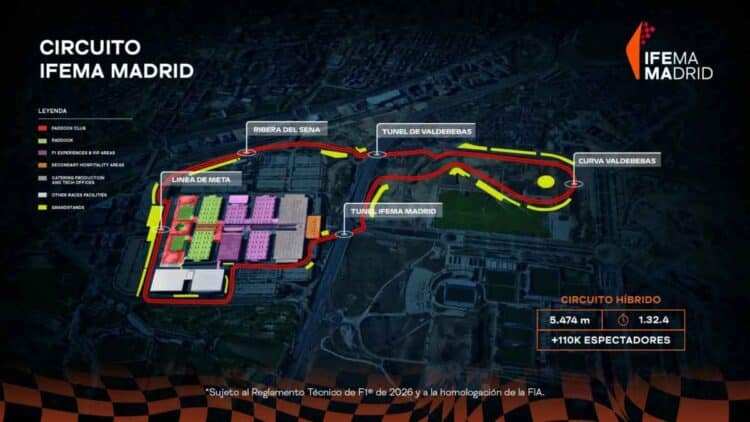 Mapa del circuito híbrido desmontable de F1 en IFEMA Madrid y Valdebebas para el GP de España 2026