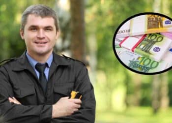 guardia de seguridad con uniforme y billetes de euro que ilustran indemnización judicial de 3.500 euros.