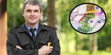 guardia de seguridad con uniforme y billetes de euro que ilustran indemnización judicial de 3.500 euros.