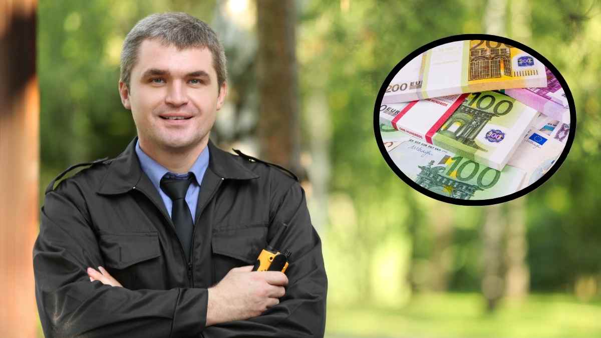 guardia de seguridad con uniforme y billetes de euro que ilustran indemnización judicial de 3.500 euros.