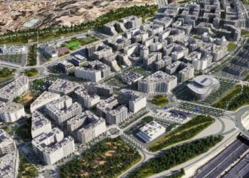 Recreación del nuevo desarrollo urbanístico de Valdecarros en Madrid con edificios residenciales, zonas verdes y grandes viales