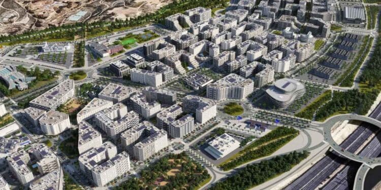 Recreación del nuevo desarrollo urbanístico de Valdecarros en Madrid con edificios residenciales, zonas verdes y grandes viales