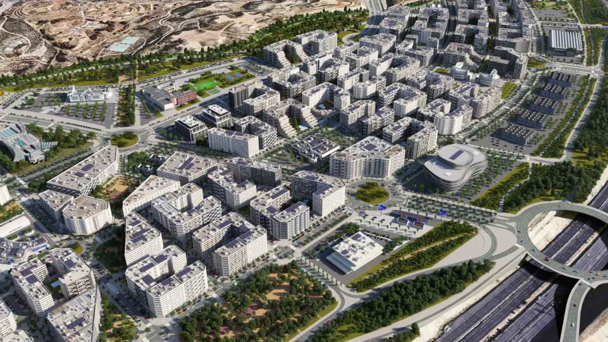 Recreación del nuevo desarrollo urbanístico de Valdecarros en Madrid con edificios residenciales, zonas verdes y grandes viales