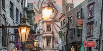 Dragón escupe fuego sobre Gringotts en callejón mágico estilo Harry Potter, detalle del restaurante Andén 9 y ¾ en Madrid.