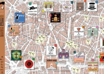 Mapa ilustrado de coctelerías en Madrid con las paradas más trendy de barrios como Lavapiés y Malasaña.