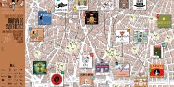 Mapa ilustrado de coctelerías en Madrid con las paradas más trendy de barrios como Lavapiés y Malasaña.
