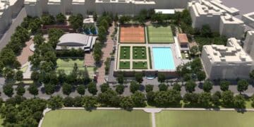 Milla Canal Chamberí, nueva zona deportiva y cultural con jardines, piscinas, pistas de pádel y espacios recreativos.