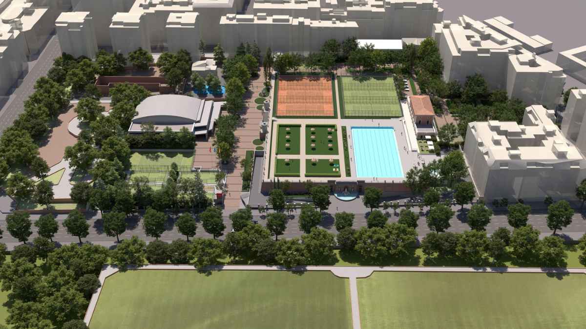 Milla Canal Chamberí, nueva zona deportiva y cultural con jardines, piscinas, pistas de pádel y espacios recreativos.