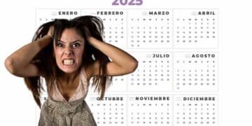 mujer enfadada agarrándose el pelo ante un calendario de 2025 por la propuesta de abolir dos días festivos en Francia.