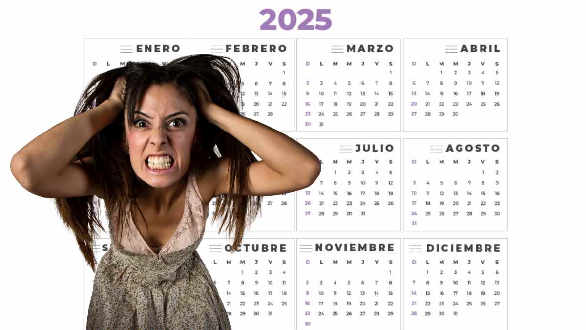 mujer enfadada agarrándose el pelo ante un calendario de 2025 por la propuesta de abolir dos días festivos en Francia.