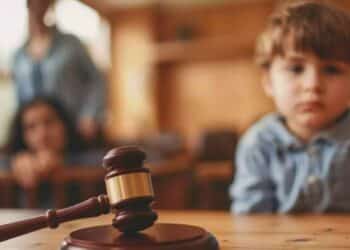 Niño en un tribunal, con un martillo de juez, representando una práctica judicial donde las juezas facilitan la comprensión de las sentencias para los niños.