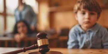 Niño en un tribunal, con un martillo de juez, representando una práctica judicial donde las juezas facilitan la comprensión de las sentencias para los niños.